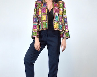 80s Sequined Jacket, S to M | Vintage Glam Beaded Sequin Blazer,  Fully Embellished Colorblock Top