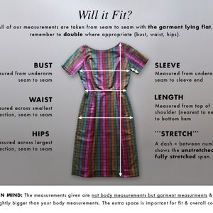 May include: Diagram illustrating how to measure a dress for fit. The image shows a colorful plaid dress with labeled measurements for bust, waist, hips, sleeve, and length. Text explains how to measure the garment and the importance of garment measurements.