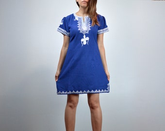 Vintage Blue Dress, Womens Boho Embroidered Mini, Extra Small XS S