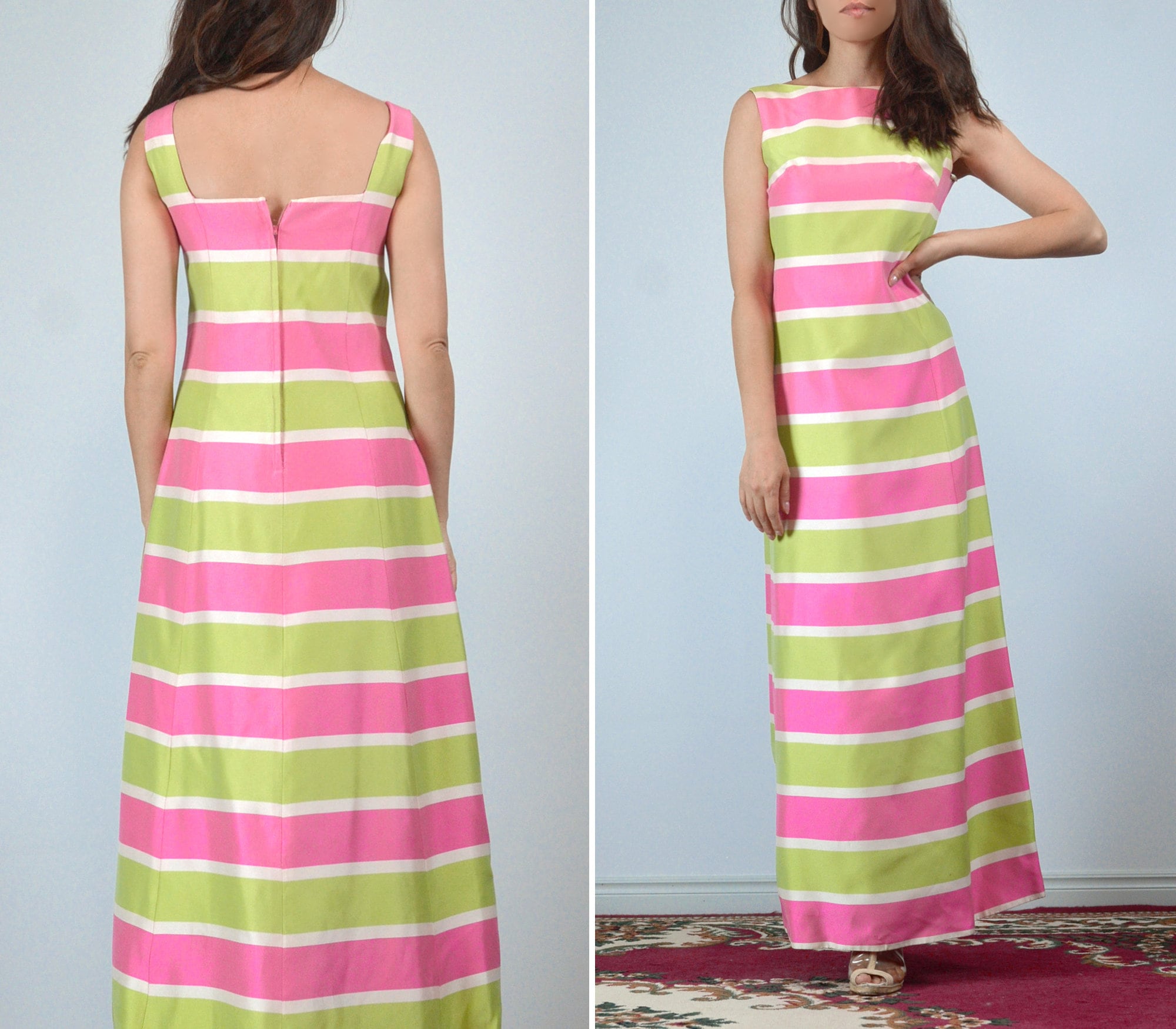 60s Long Striped Dress, Xs | Vintage 1960s Pink & Green Maxi