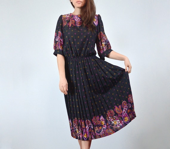Paisley & Floral Print Dress, L | Vintage 70s 80s… - image 1
