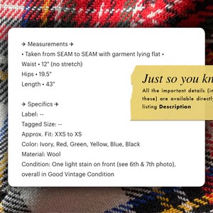 Puede incluir: Prenda de lana vintage con estampado de cuadros en marfil, rojo, verde, amarillo, azul y negro. La cintura mide 30.5 cm, las caderas 49.5 cm y la longitud 109.2 cm. El texto dice: "Just so you know: All the important details are available directly in the listing Description."