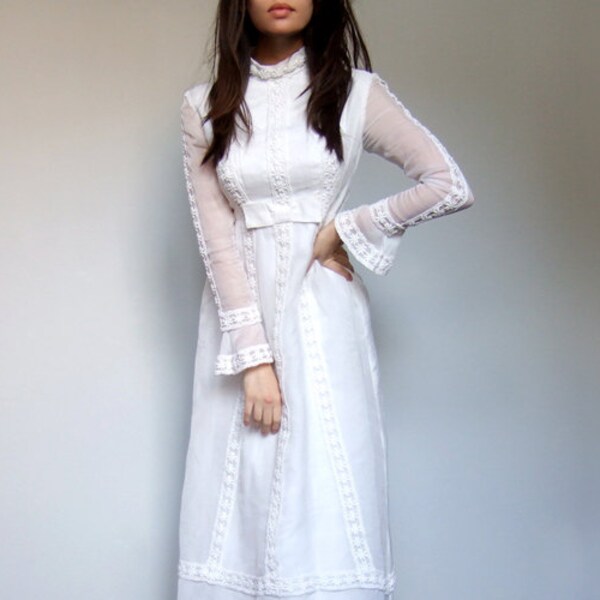 1970s Boho Wedding Dress Maxi 70s Gown Lace Trim Long Sleeve Floor Length Sheer - Extra Small. XXS/ XS
