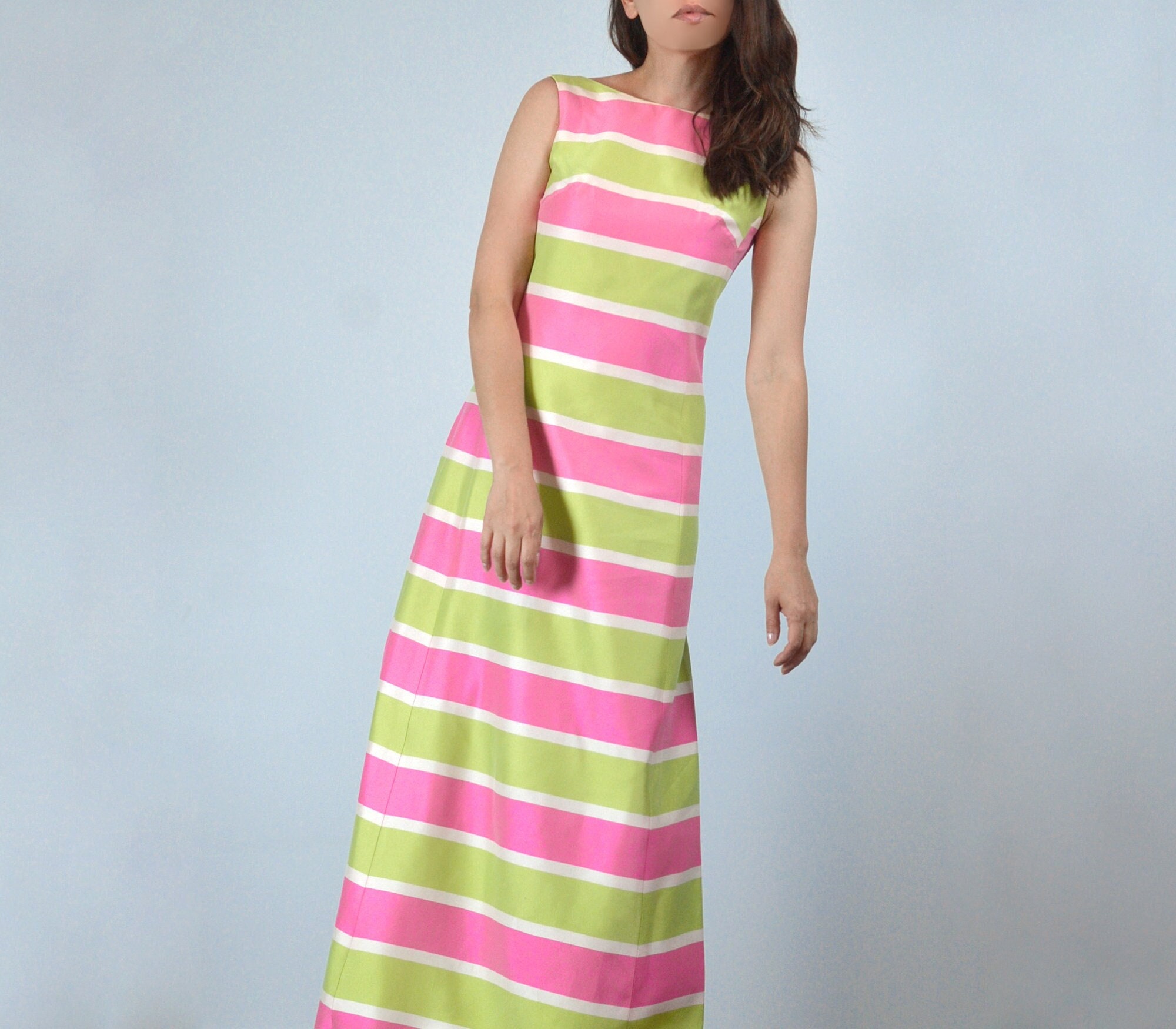 60s Long Striped Dress, Xs | Vintage 1960s Pink & Green Maxi 60s Long Striped Dress, Xs | Vintage 1960s Pink & Green Maxi