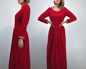 1970s Red Velvet Maxi Dress - XS