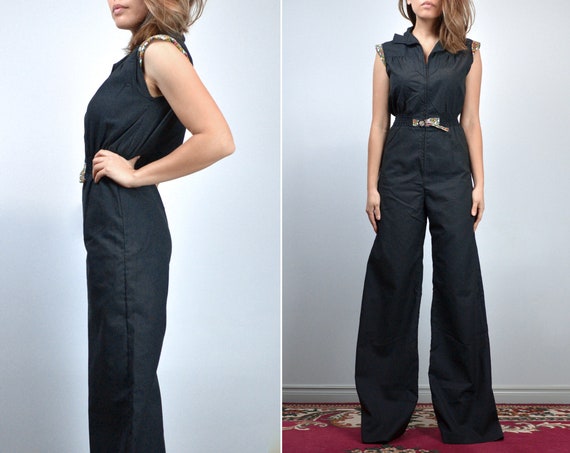 Black Jumpsuit Womens Vintage 70s Retro One Piece Wide Leg Small S Etsy