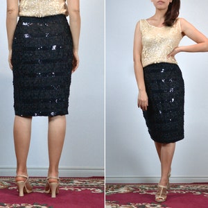 Black Sequin Pencil Skirt Extra Small Vintage 80s Sequins and Ruffles XS image 5