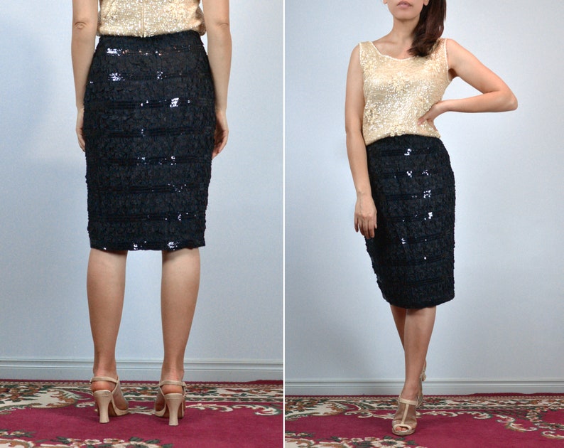 Black Sequin Pencil Skirt Extra Small Vintage 80s Sequins and Ruffles XS image 5