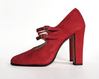 Red Suede High Heels, 36.5 | 1980s to 90s Pegabo Leather Mary Jane Shoes