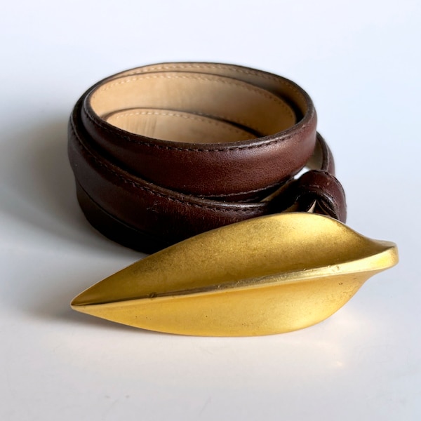 90s Gold Leaf Brown Italian Leather Belt by Robert Lee Morris