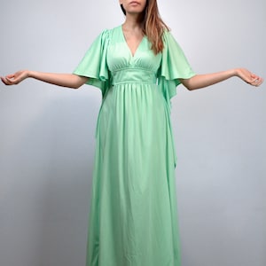 70s Vintage Mint Green Maxi Dress, Bell Sleeve Kaftan XS to S