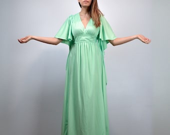70s Mint Dress, Vintage Bell Sleeve Pastel Kaftan Caftan, Green Maxi Dress - Extra Small to Medium XS S M