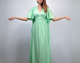 70s Mint Dress, XS to S | Vintage Bell Sleeve Pastel Kaftan Caftan, Green Maxi Dress
