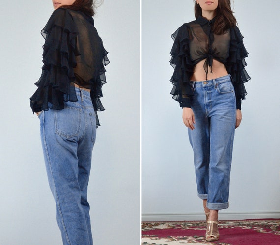 Sheer Ruffle Sleeve Blouse, S to M | Tie Front Crop Top - Etsy