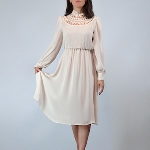 70s Sheer Ivory Dress with Lace Collar, XS to S