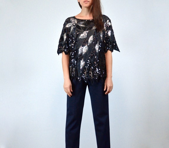 1980s Black and Silver Sequin Top, M | Vintage 80… - image 2