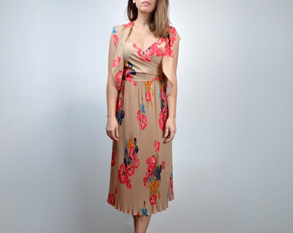 70s Beige Floral Dress Vintage 1970s 