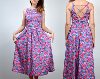 Floral Dress Pockets, Vintage Women 80s Midi Long Sundress, Criss Cross - Small S