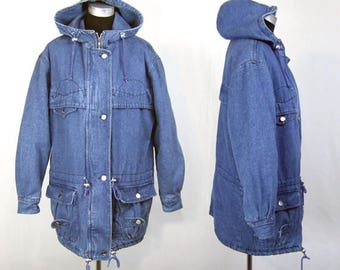 Vintage Denim Jacket, 80s Duffle Coat, Unisex Hooded Oversized Blue Jean Jacket - Large L