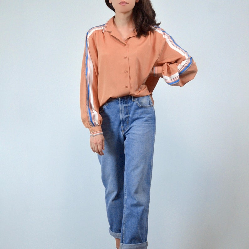 Retro 70s Butterscotch Striped Button Up Blouse, M to L