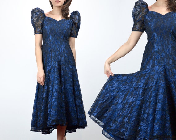 80s Puff Sleeve Dress, Vintage Lace Midi Dress - … - image 1