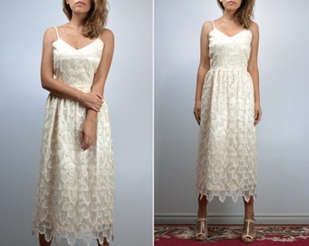 Ivory Lace Dress, Women 80s Cocktail Dress, Minimalist Wedding - Small S