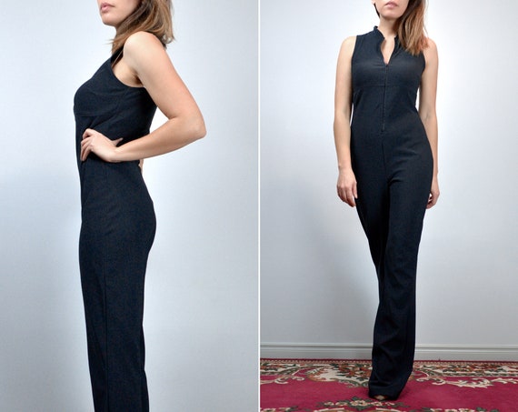 90s Jumpsuit, Black Fitted Stretchy One Piece, Zip up - Small to