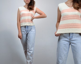 70s Knit Top, Vintage Womens Striped Tank Top, Pink & White Sweater - Medium M