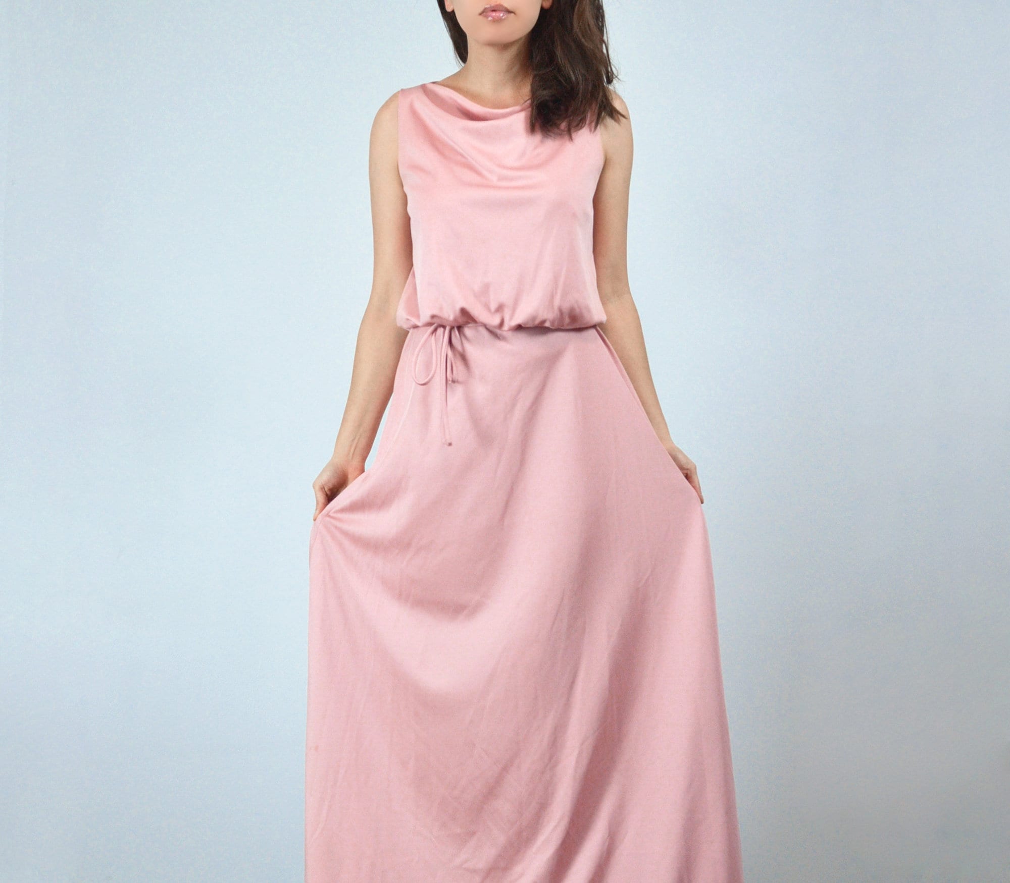 70s Dusty Pink Cowl Neck Maxi Dress, Medium