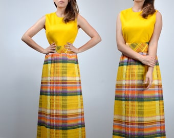 70s Colorful Plaid Sundress, Yellow Neiman Marcus Maxi Dress - Small to Medium S M