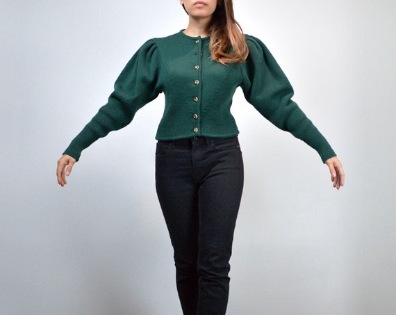 Dark Green Mutton Sleeve Cardigan Sweater - Small