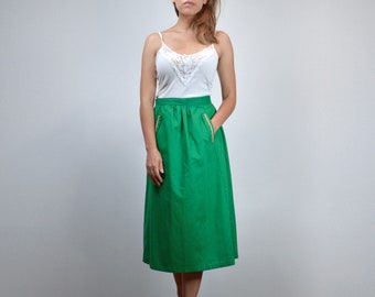 VIntage Green Skirt with Pockets, Womens Minimalist Aline Skirt - Medium M