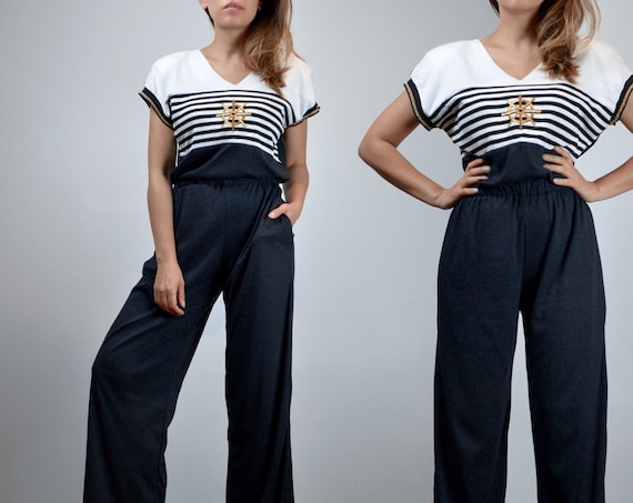 Nautical Jumpsuit, Womens Sailor Striped Metallic