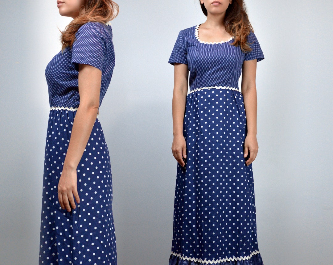 1970s Vintage Dress, Blue and White Polka Dot Maxi Dress - S - Etsy