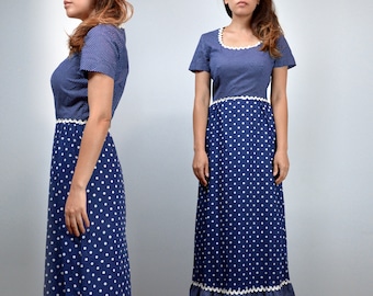 1970s Vintage Dress, Blue and White Polka Dot Maxi Dress - S