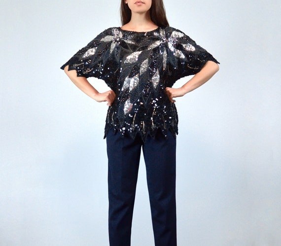 1980s Black and Silver Sequin Top, M | Vintage 80… - image 1