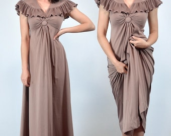 70s Long Ruffle Dress, XS | Vintage 1970s Summer Maxi