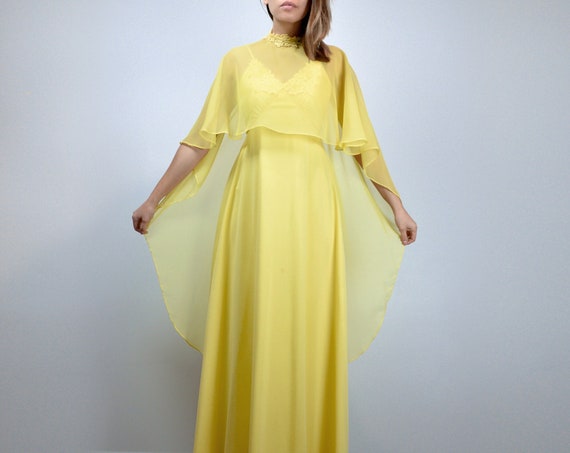 Vintage 70s Maxi Dress With Sheer Cape, XXS