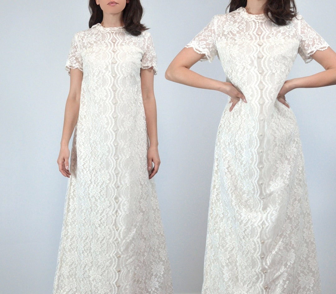1960s Wedding Dress, XXS to XS | Vintage Short Sleeve Lace Gown - Etsy