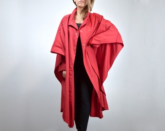 Red Poncho Cape Coat, Vintage Womens 80s Long Fall Jacket - Medium to Extra Large M L XL