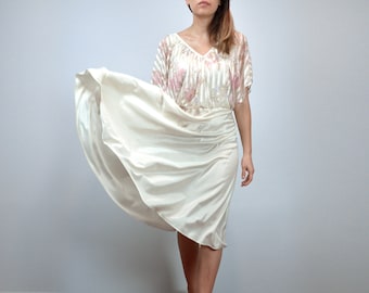 Vintage 70s Sheer Floral Ivory and Pink Dress, S