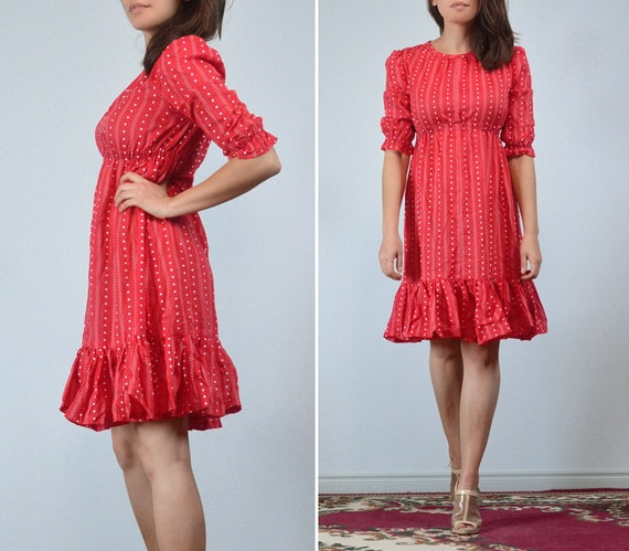 Vintage 70s Red Heart Print Dress, XS to S - image 2