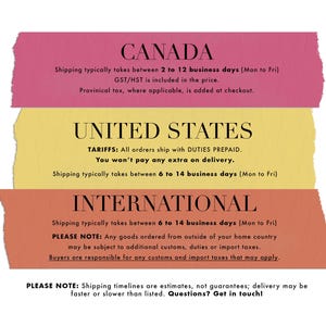May include: Image with text on three colorful rectangular backgrounds. The top background is pink and says "CANADA". The middle background is yellow and says "UNITED STATES". The bottom background is orange and says "INTERNATIONAL".