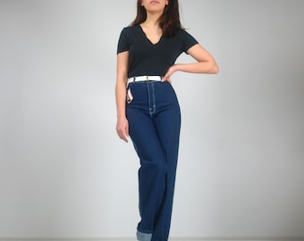 Vintage 1970s High Waisted Dark Blue Denim Jeans Sears JTF Jeans, Long Inseam, XXS