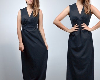 70s Black Maxi Dress, XS to S | Vintage Minimal Long V Neck Sleeveless Dress
