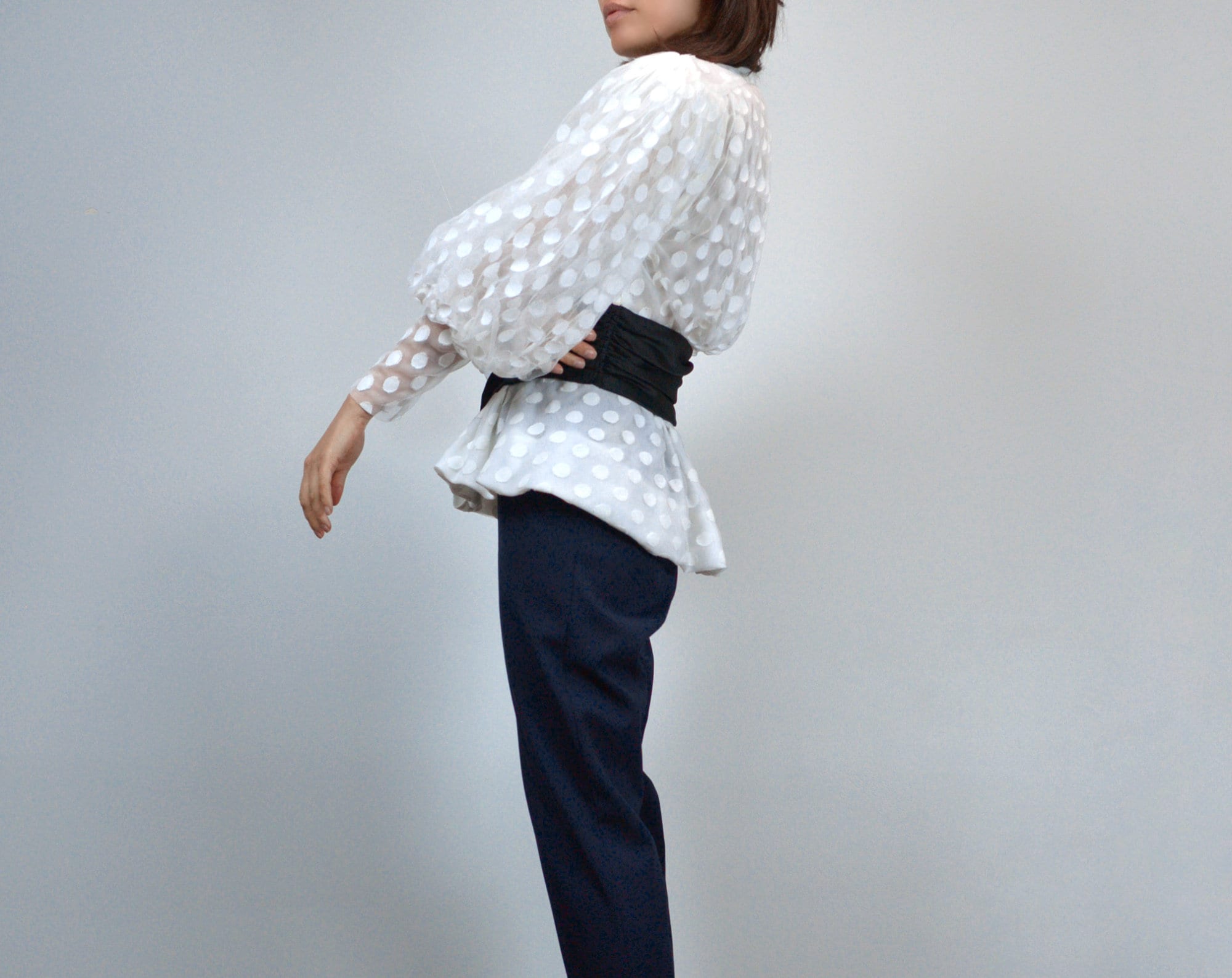 80s White Puff Sleeve Blouse,m | Vintage Polka Dot Balloon Sleeve 