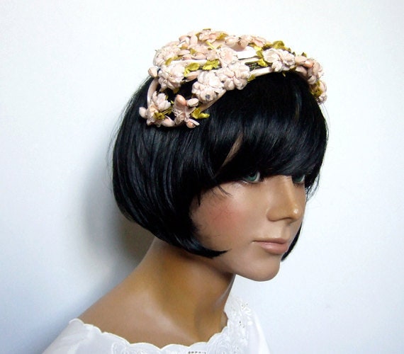 1950s Floral Headpiece, 50s Hat Tea Rose Garden Pa