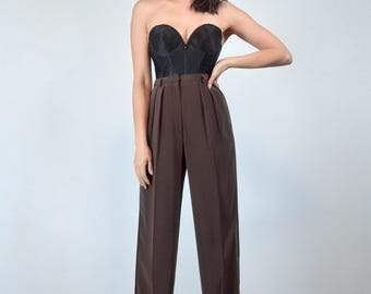 Vintage 90s Chocolate Brown High Rise Pleated Pants, Satin Side Stripe, XS to S