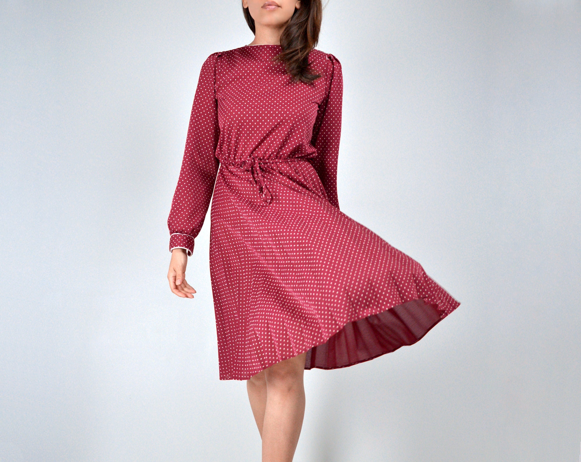 Polka Dot Pleated Dress Vintage 80s 