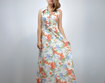 Long White 70s Flower Print Maxi Dress, Collared Sundress, S